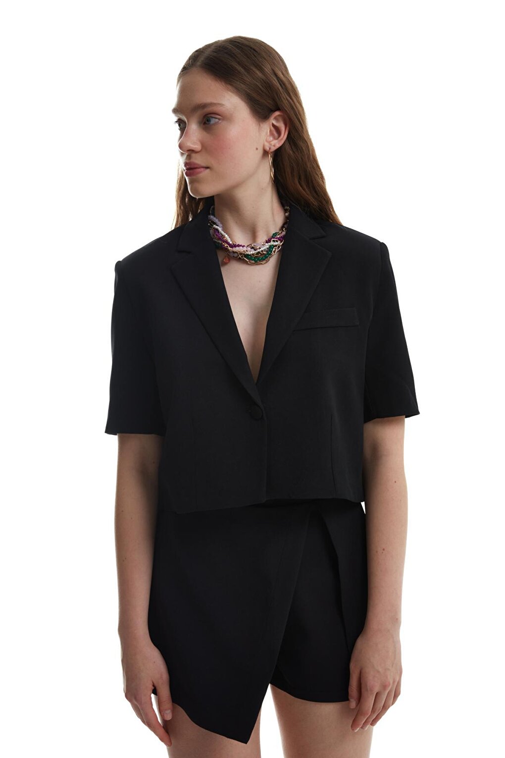 Short Sleeve Crop Blazer Jacket Black