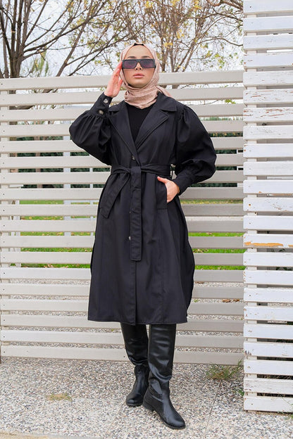 Water Repellent Sleeve Gathered Trench Coat Black