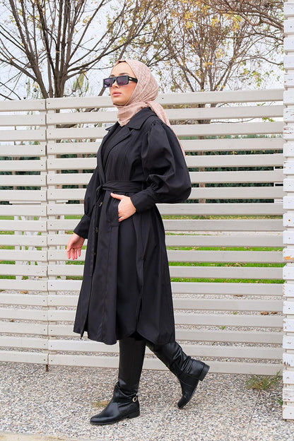 Water Repellent Sleeve Gathered Trench Coat Black