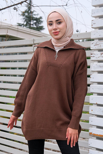 Front Zippered Tunic Brown