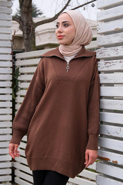 Front Zippered Tunic Brown