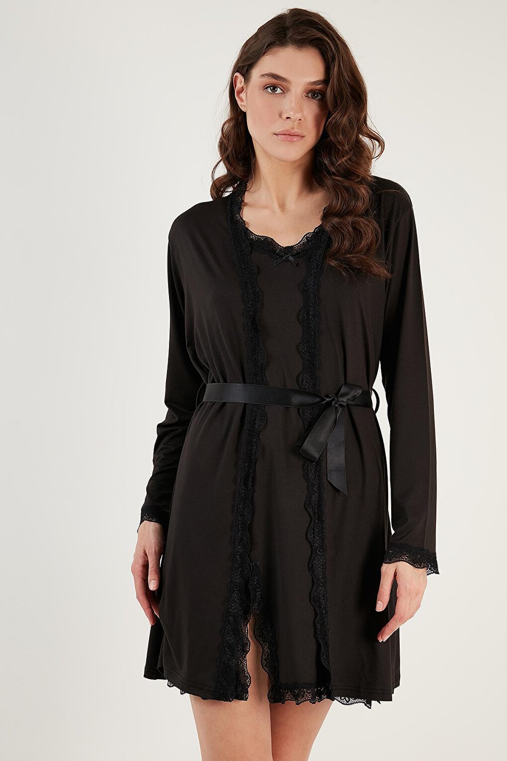 Lace Detailed Slit Dressing Gown Nightgown 6097580