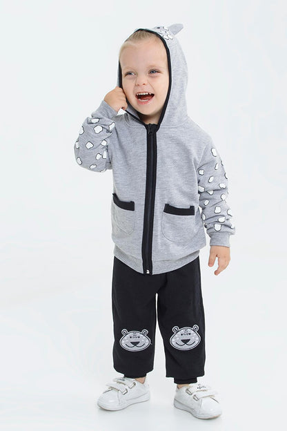 Gray Teddy Bear Embroidered Hooded Cardigan Baby Boy Set 16627