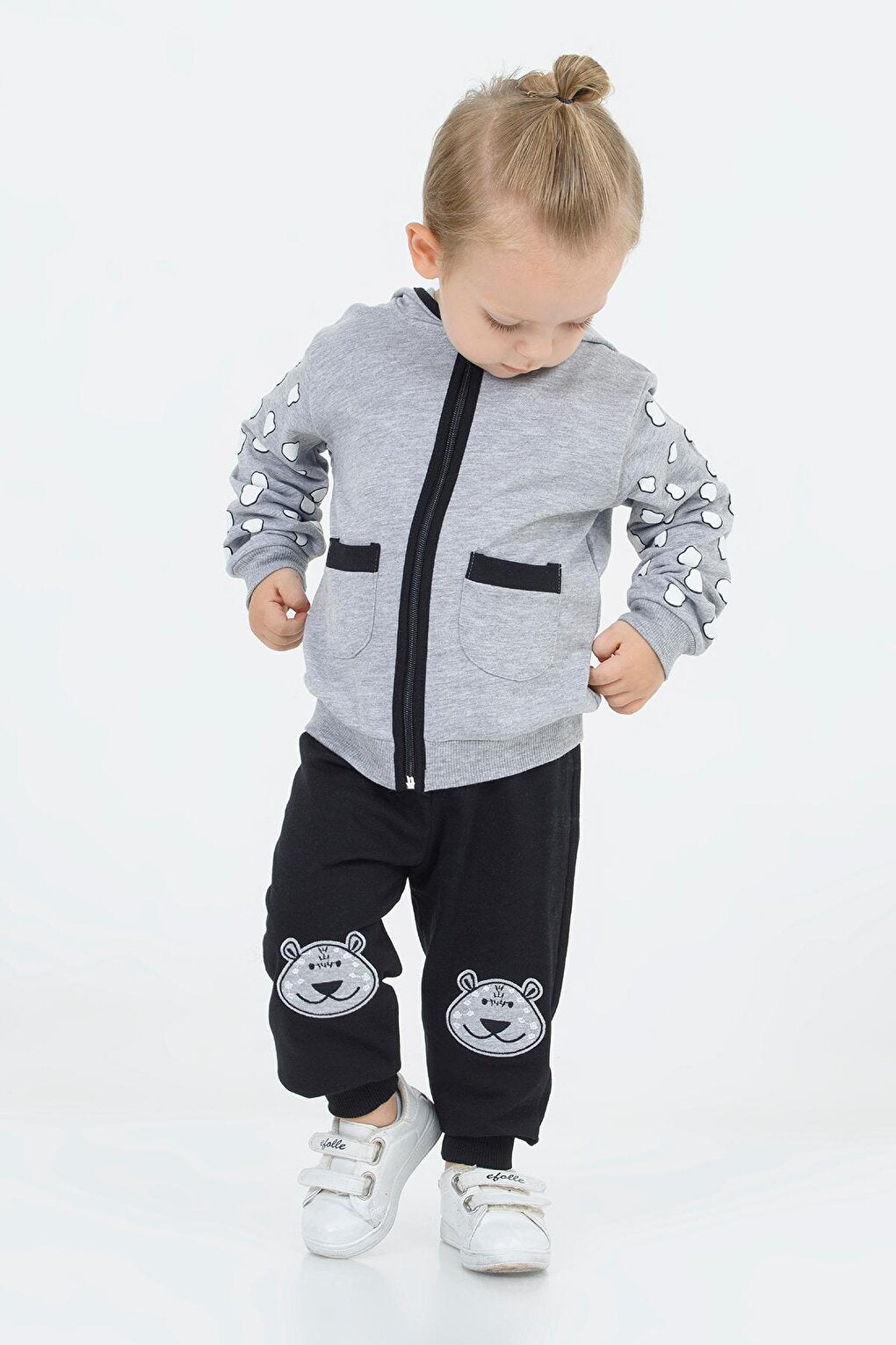 Gray Teddy Bear Embroidered Hooded Cardigan Baby Boy Set 16627