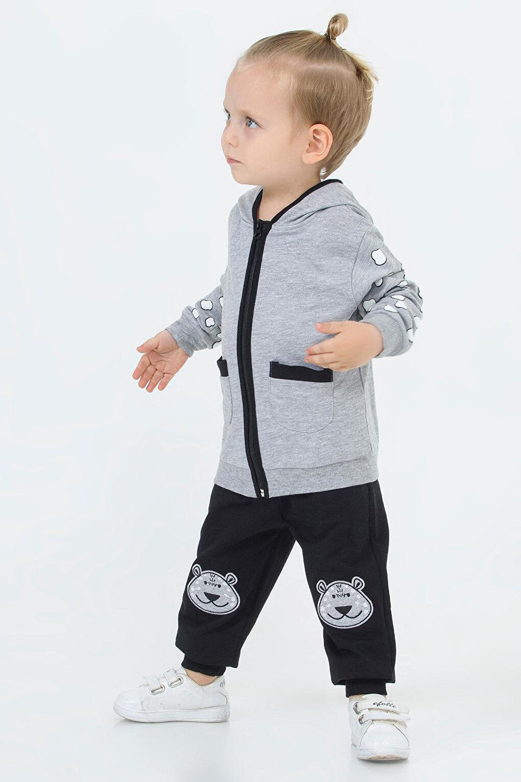 Gray Teddy Bear Embroidered Hooded Cardigan Baby Boy Set 16627