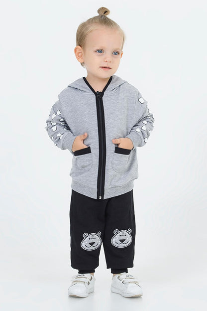 Gray Teddy Bear Embroidered Hooded Cardigan Baby Boy Set 16627