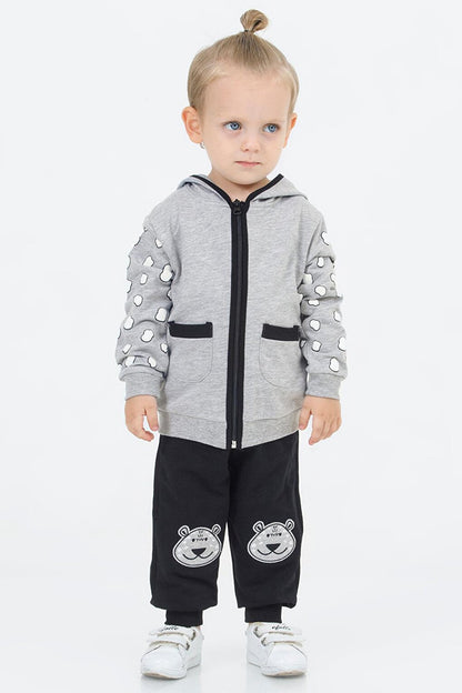 Gray Teddy Bear Embroidered Hooded Cardigan Baby Boy Set 16627