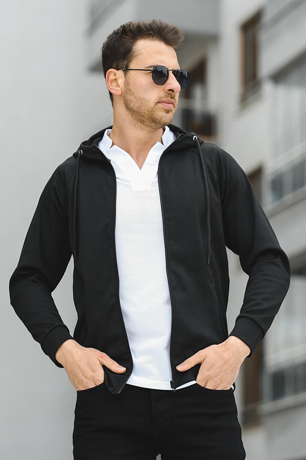 Yveh Micro Interlock Hooded Zippered Cardigan Sweatshirt