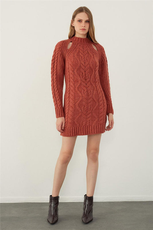 Tile Window Detailed High Collar Mini Knitwear Dress