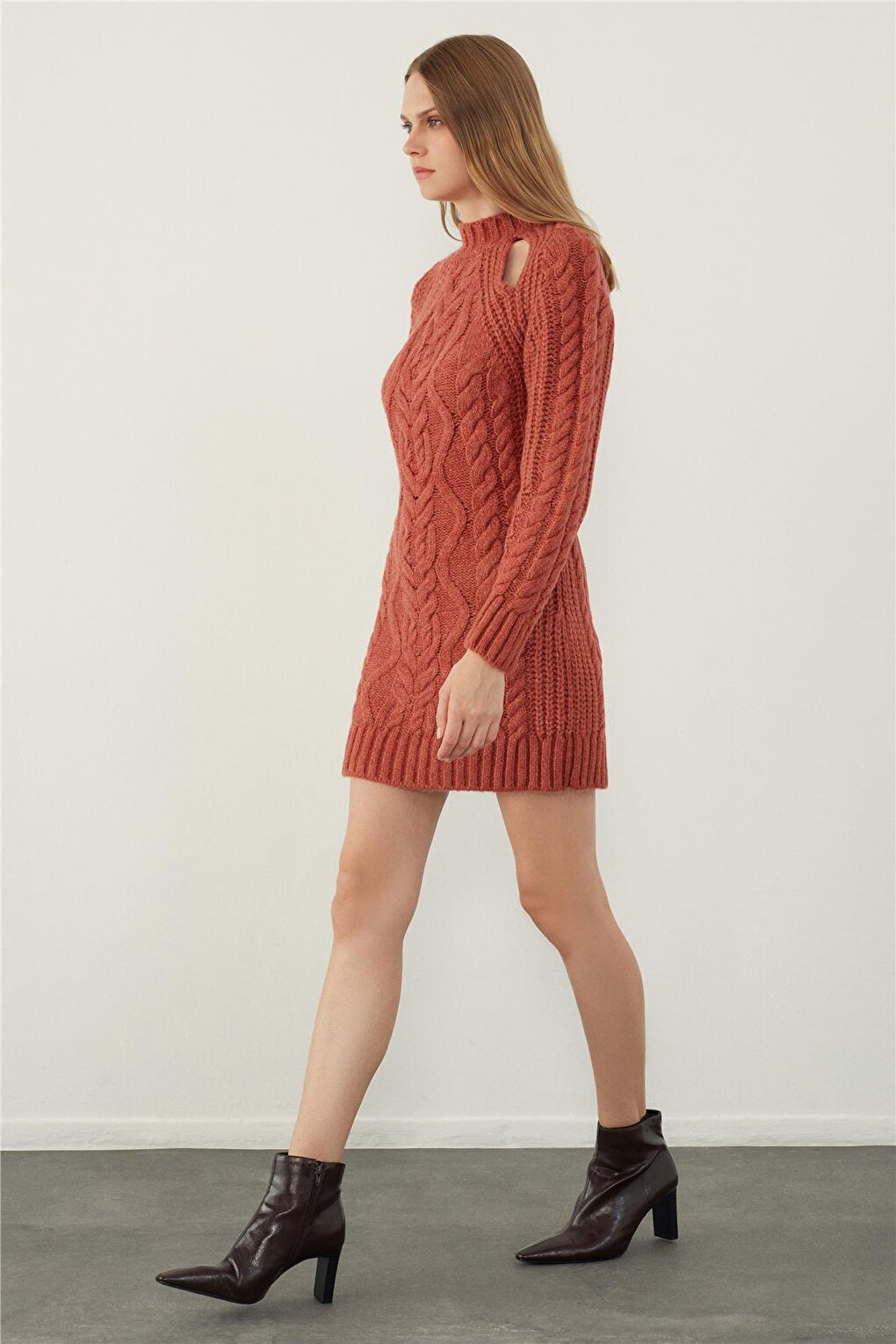 Tile Window Detailed High Collar Mini Knitwear Dress