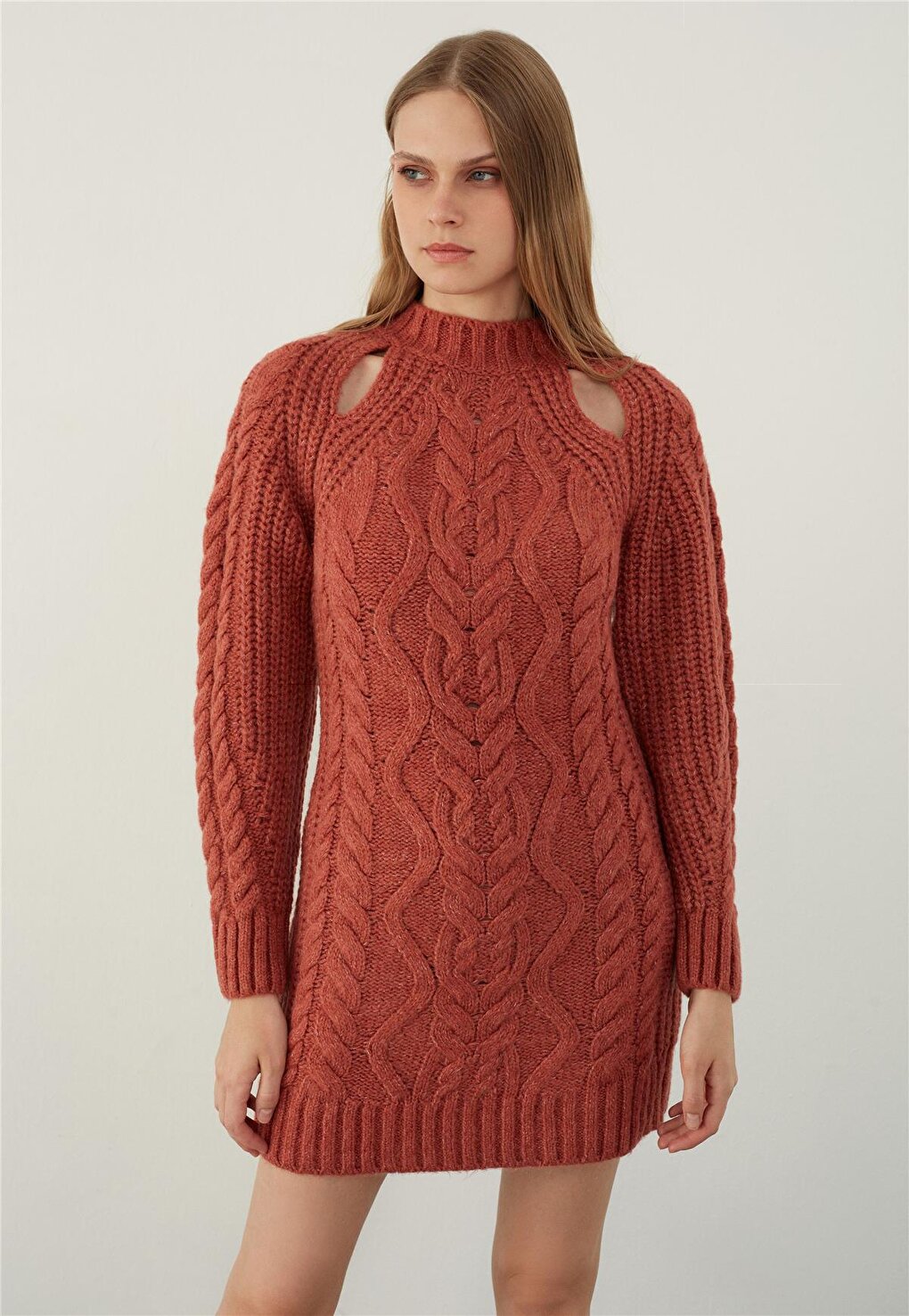 Tile Window Detailed High Collar Mini Knitwear Dress