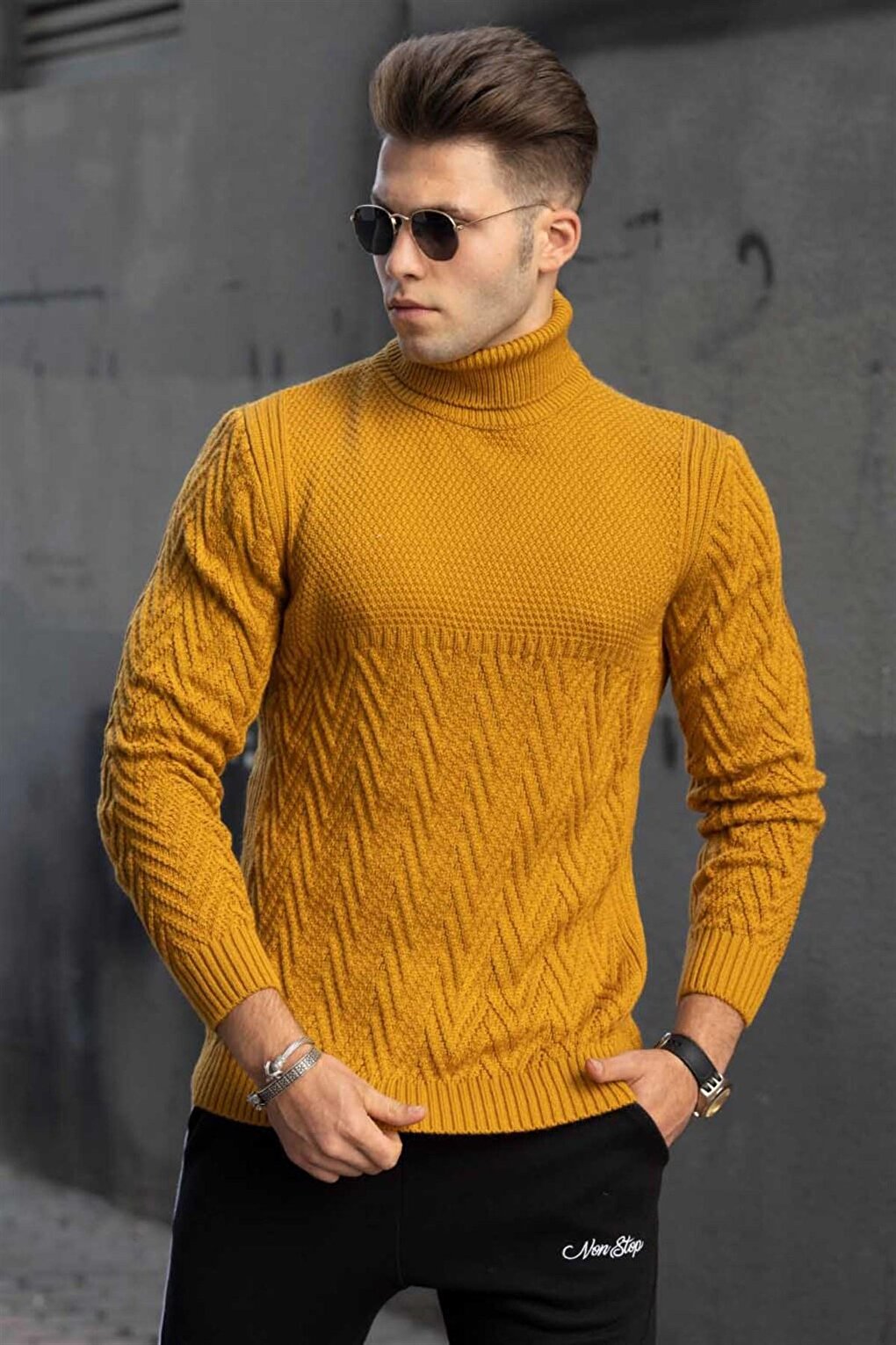 Mustard Turtleneck Knitted Patterned Sweater 4655