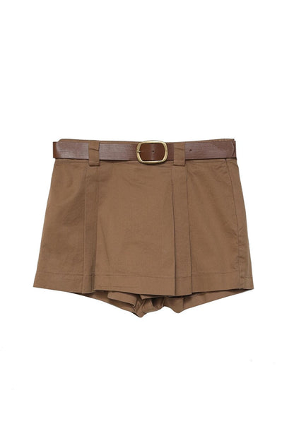 Belt Detailed Pleated Mini Shorts Skirt Camel