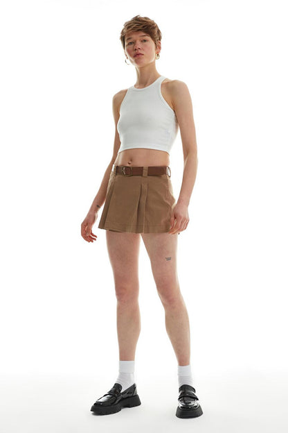 Belt Detailed Pleated Mini Shorts Skirt Camel