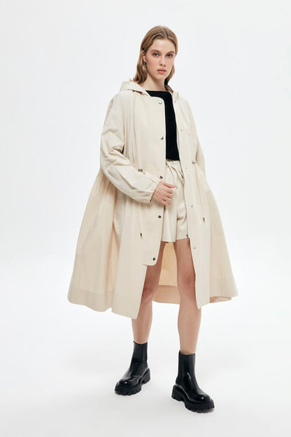 Technical Fabric Hooded Long Trench Coat Beige