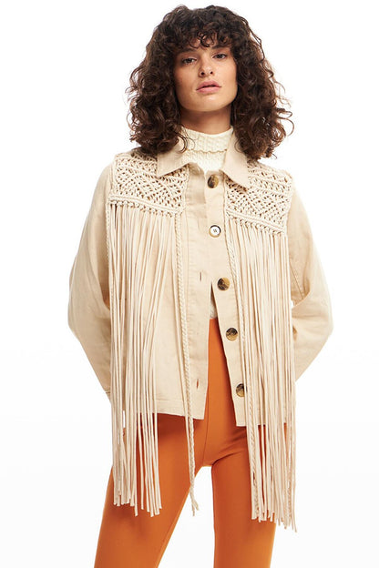 Tassel Detailed Jean Jacket Stone