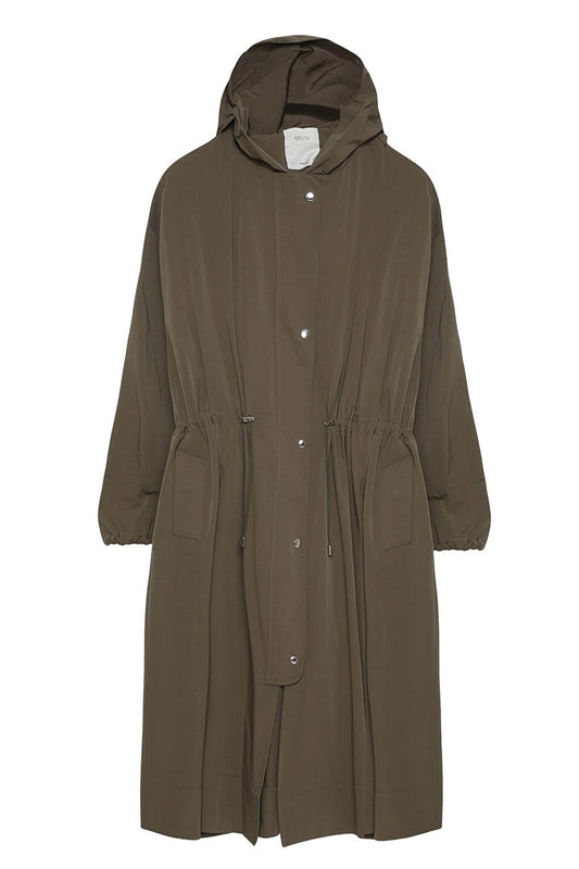 Technical Fabric Hooded Long Trench Coat Khaki