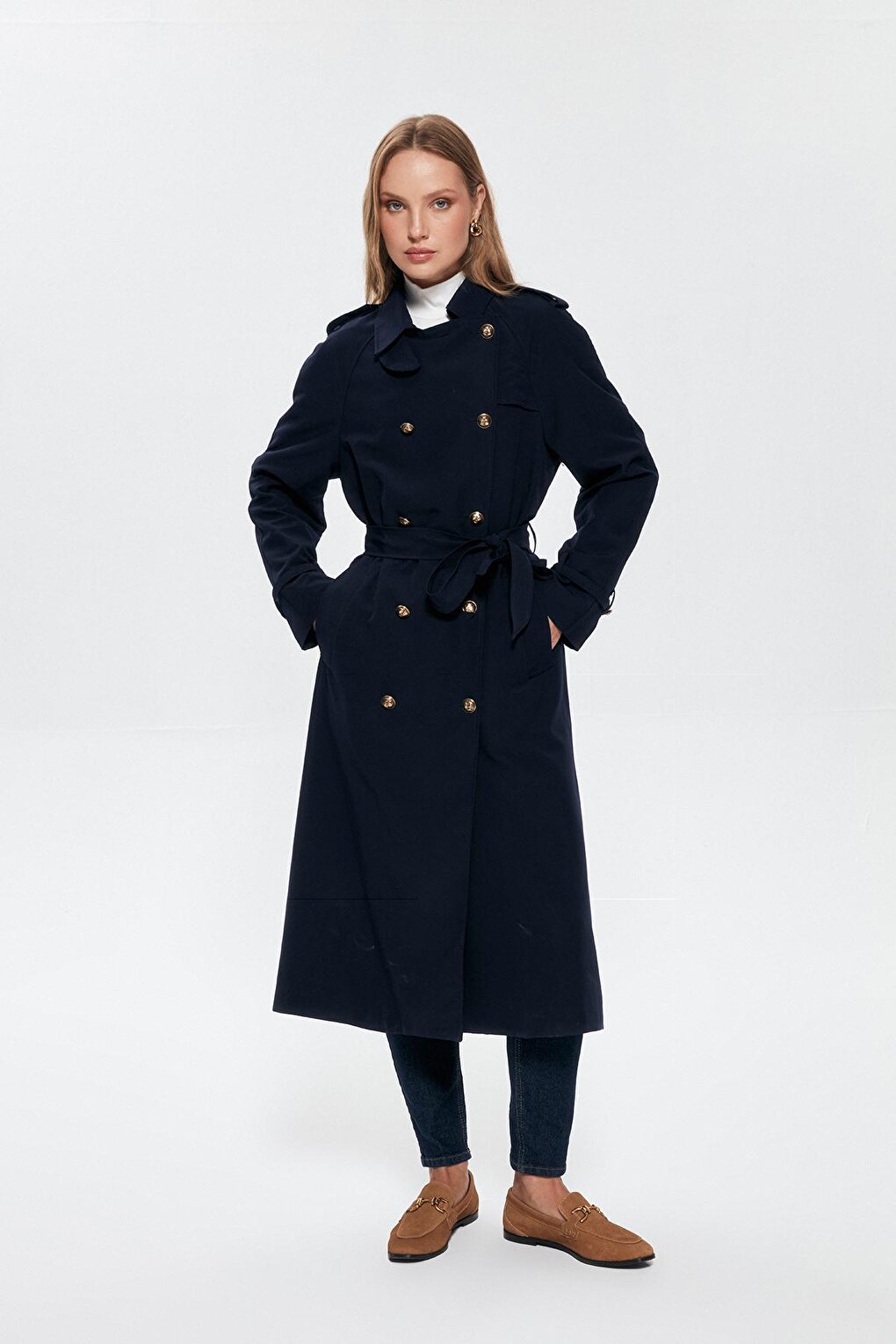 Tie Waist Button Trench Coat Navy Blue