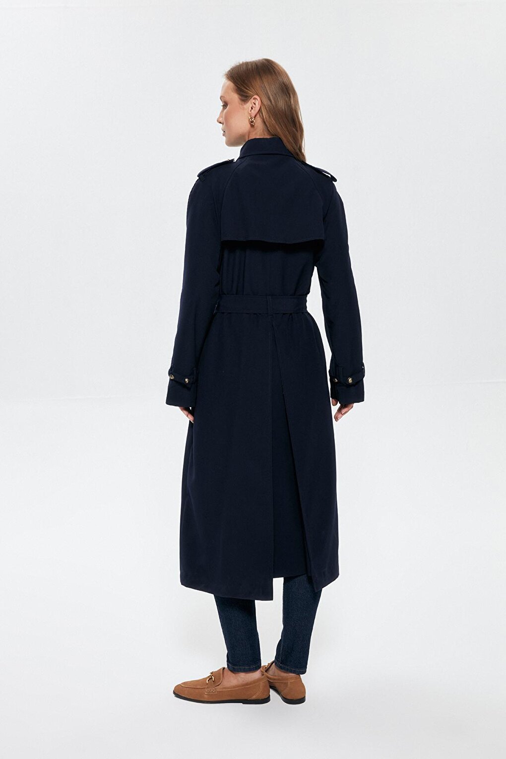 Tie Waist Button Trench Coat Navy Blue