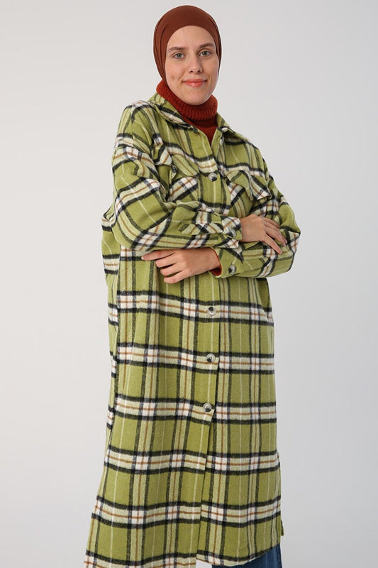 Green-Black Oversize Slit Lumberjack Shirt Tunic