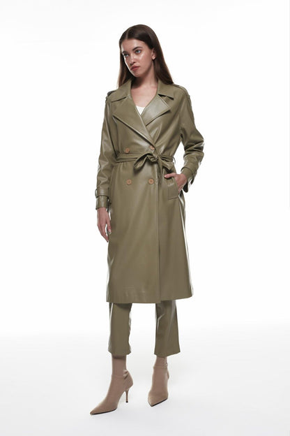 Leather Trench Coat with Tie Detail Khaki