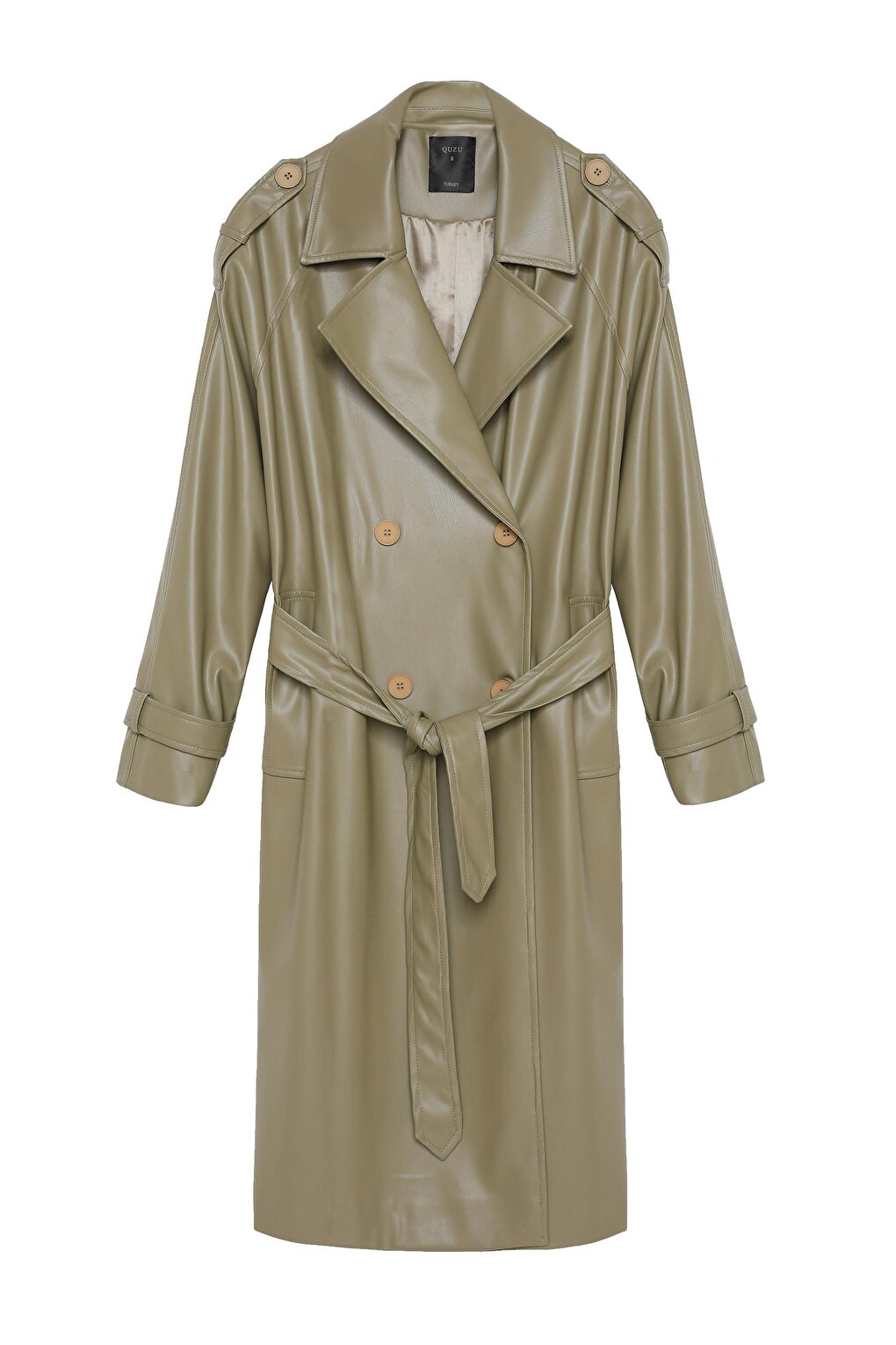 Leather Trench Coat with Tie Detail Khaki