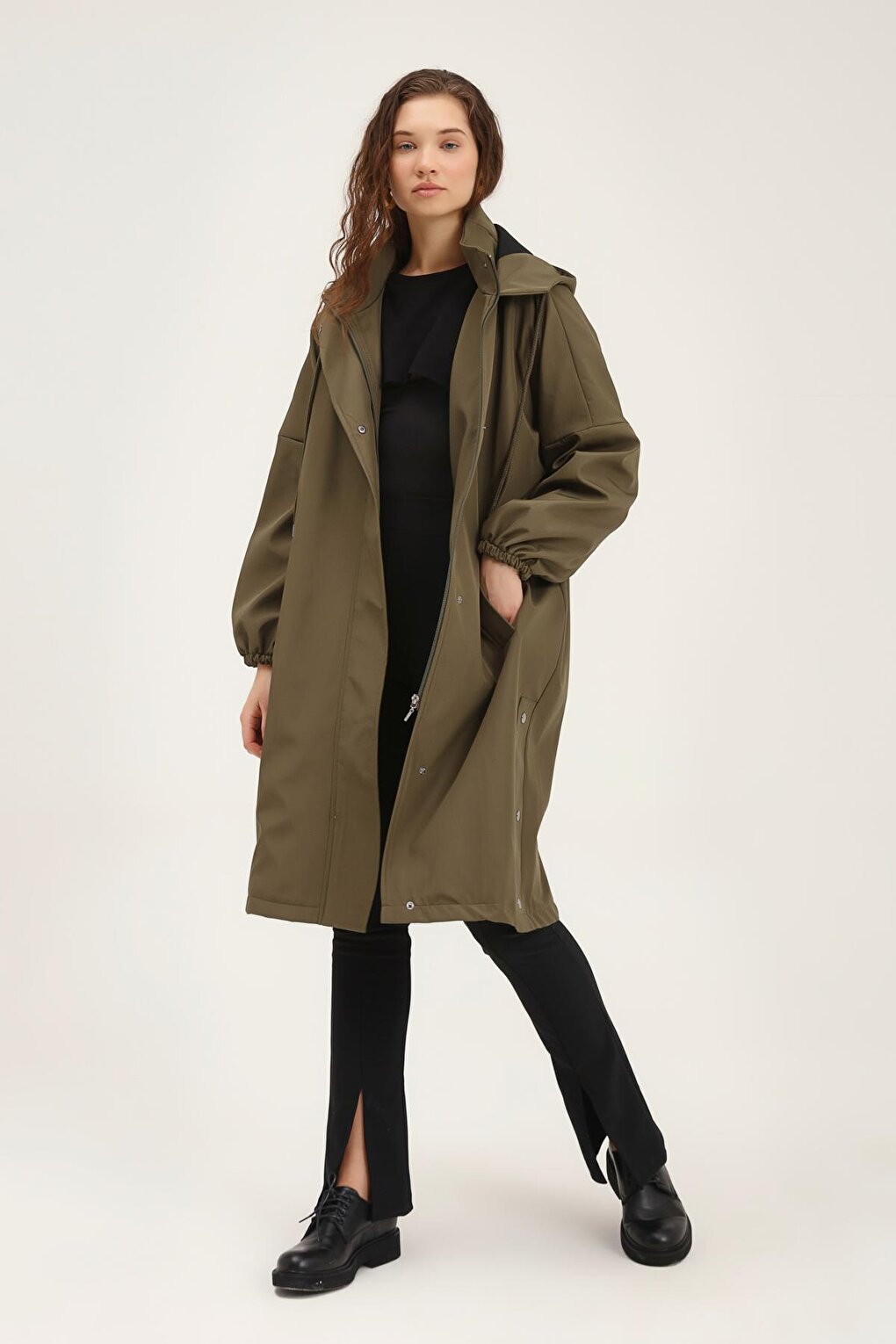 Oversize Hooded Trench Coat Khaki