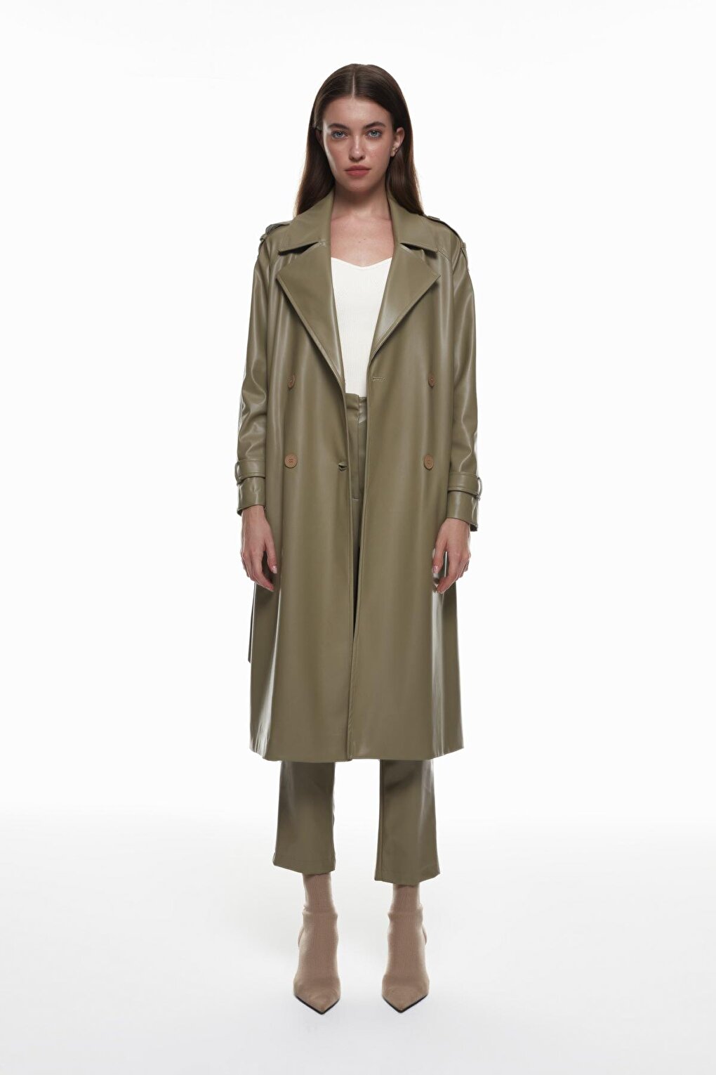 Leather Trench Coat with Tie Detail Khaki