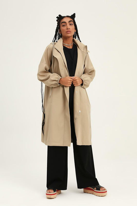 Oversize Hooded Trench Coat Beige