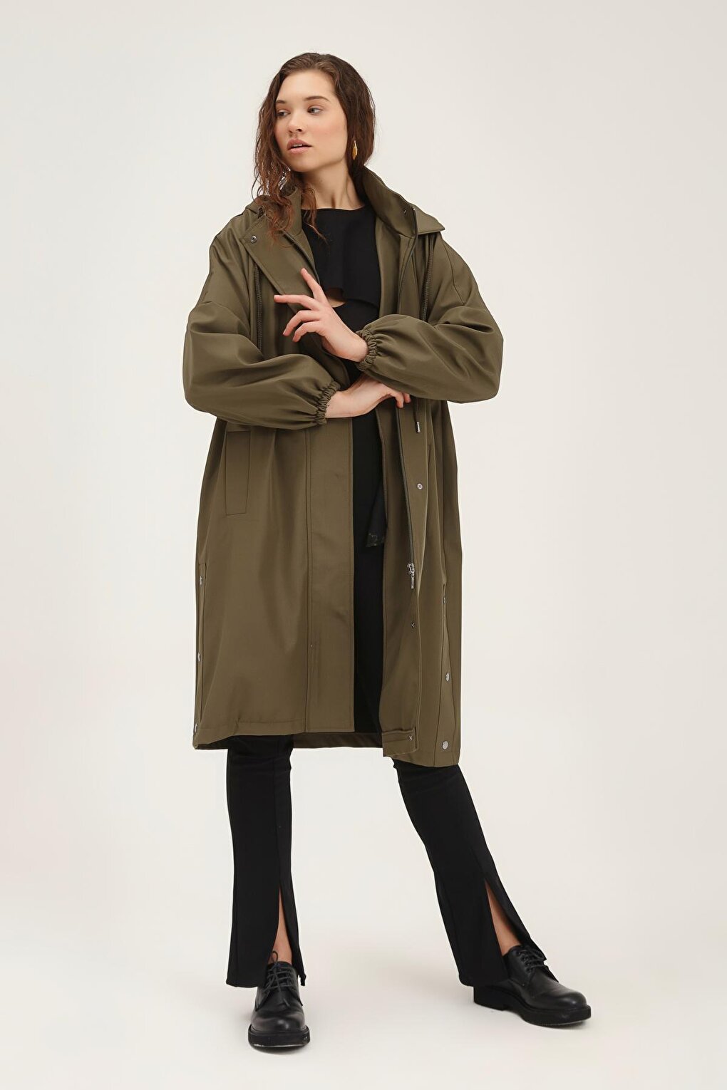 Oversize Hooded Trench Coat Khaki