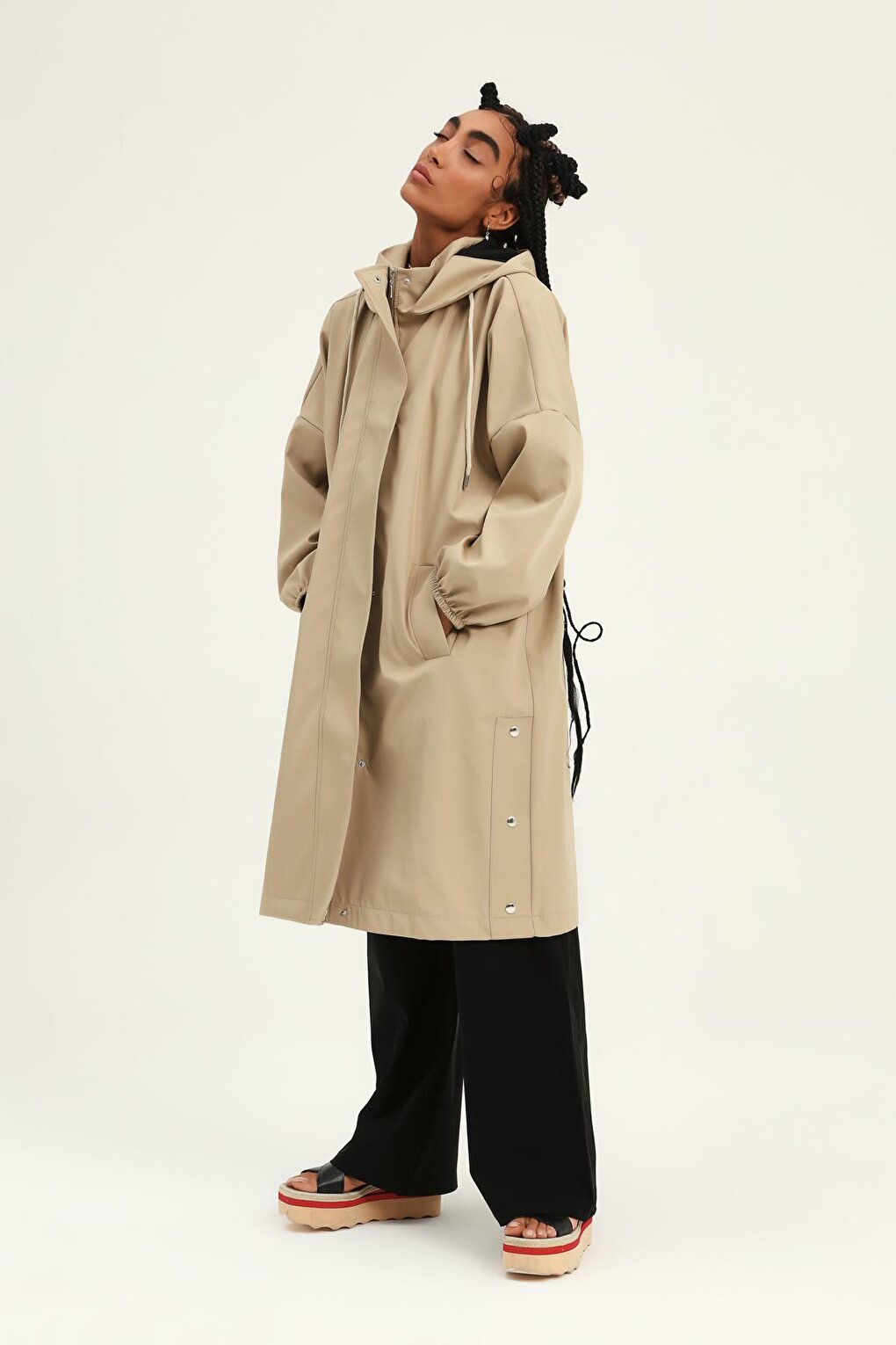 Oversize Hooded Trench Coat Beige