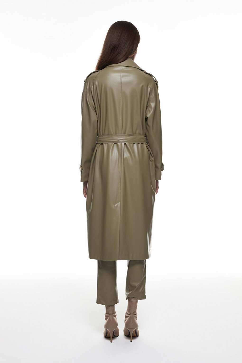 Leather Trench Coat with Tie Detail Khaki