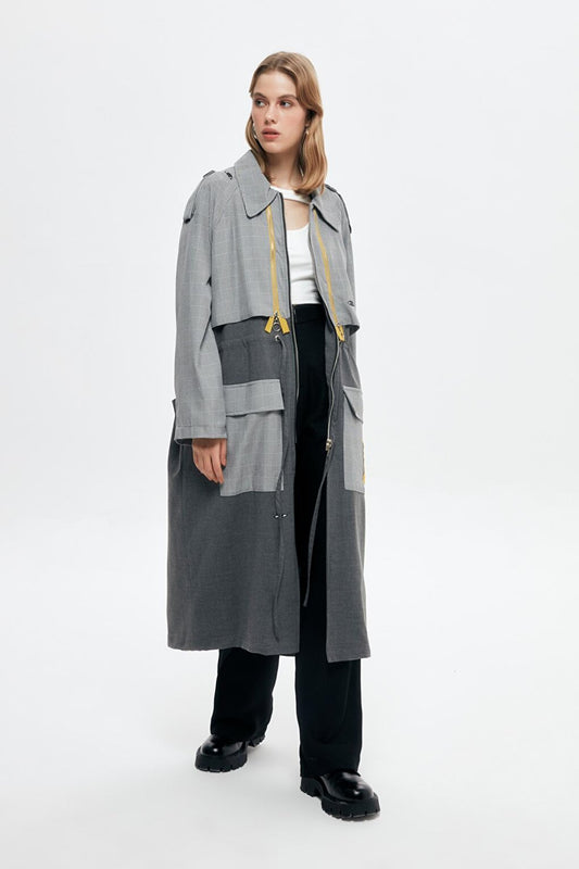 Zipper Detailed Colorful Patterned Trench Coat Gray