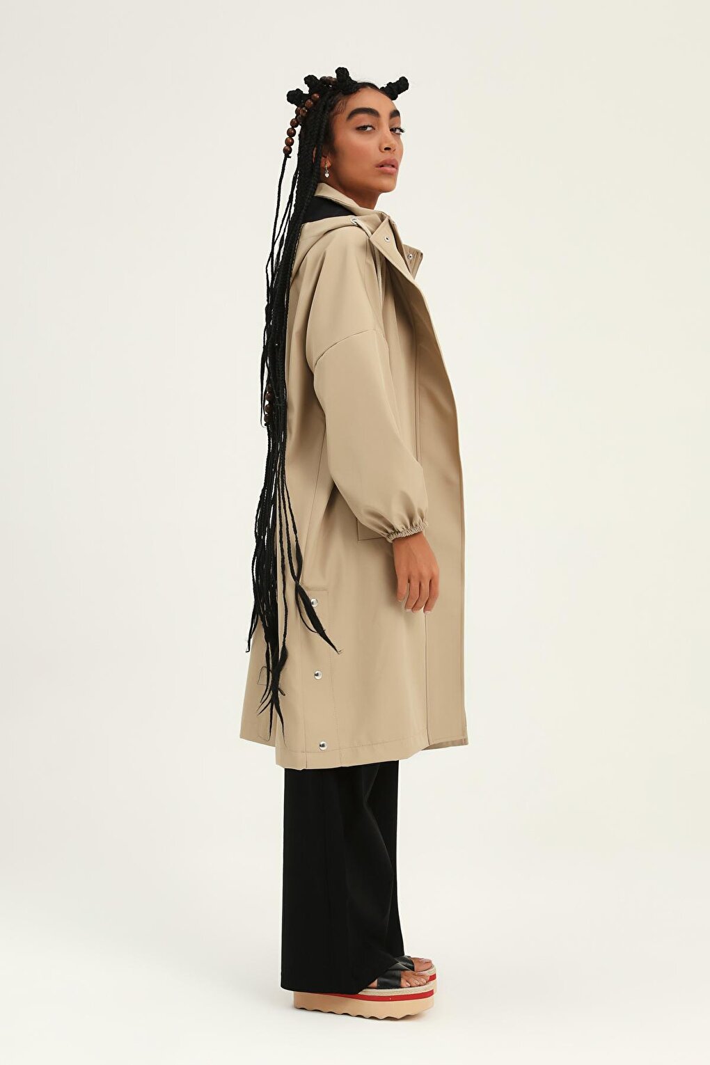 Oversize Hooded Trench Coat Beige