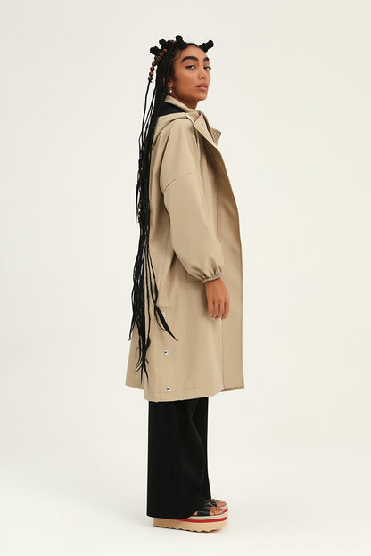 Oversize Hooded Trench Coat Beige