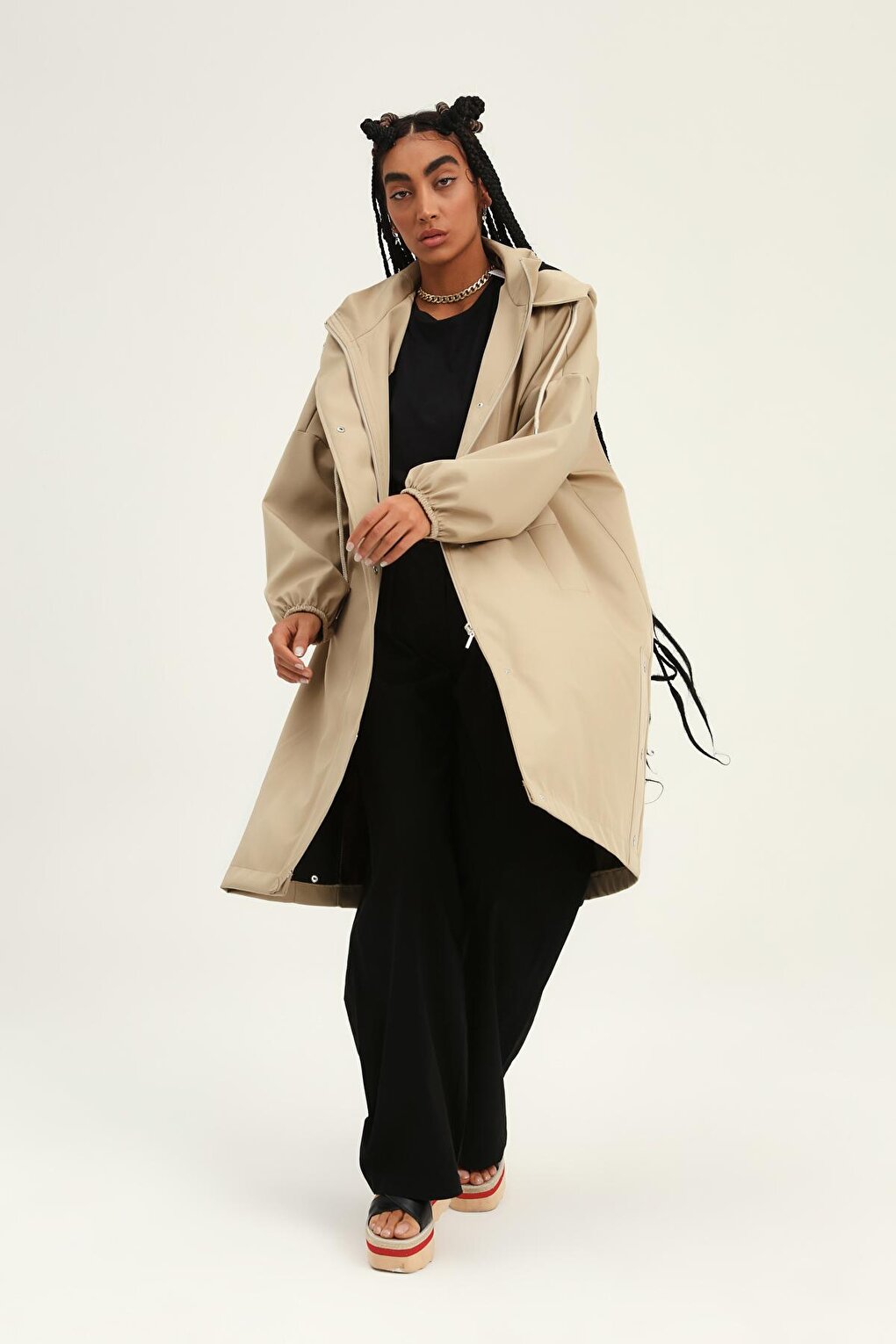 Oversize Hooded Trench Coat Beige