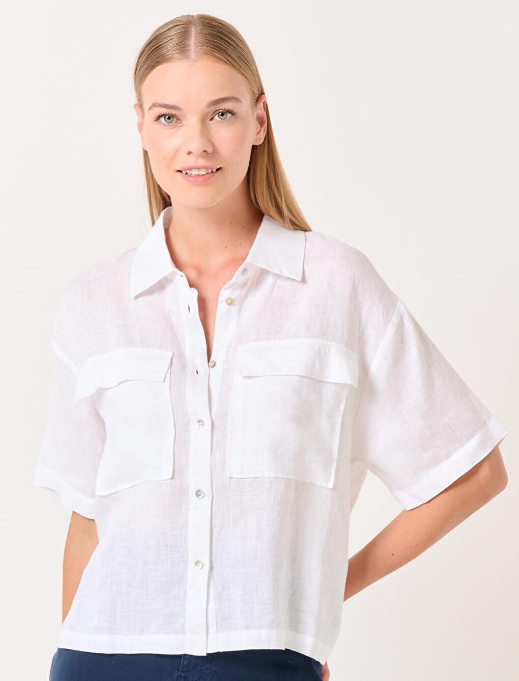 White Short Sleeve Pocket Linen Shirt