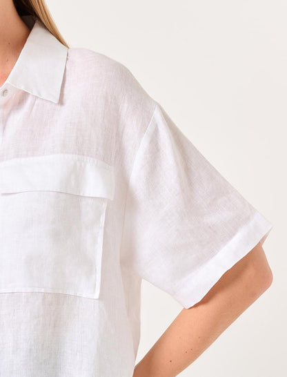 White Short Sleeve Pocket Linen Shirt