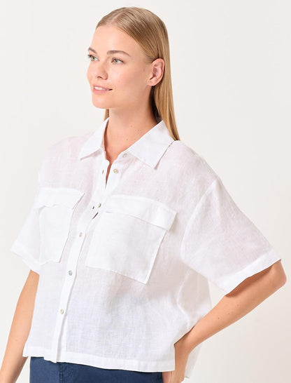 White Short Sleeve Pocket Linen Shirt