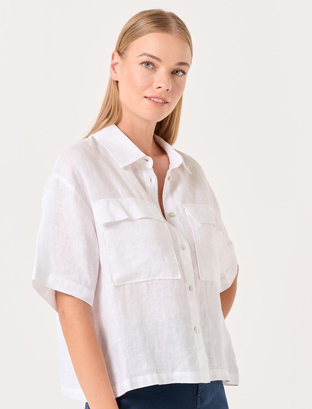 White Short Sleeve Pocket Linen Shirt