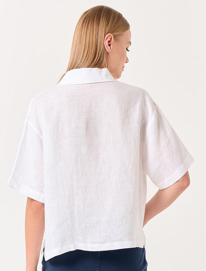 White Short Sleeve Pocket Linen Shirt