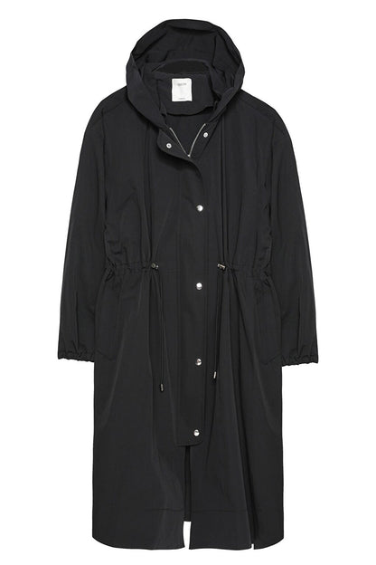 Technical Fabric Hooded Long Trench Coat Black