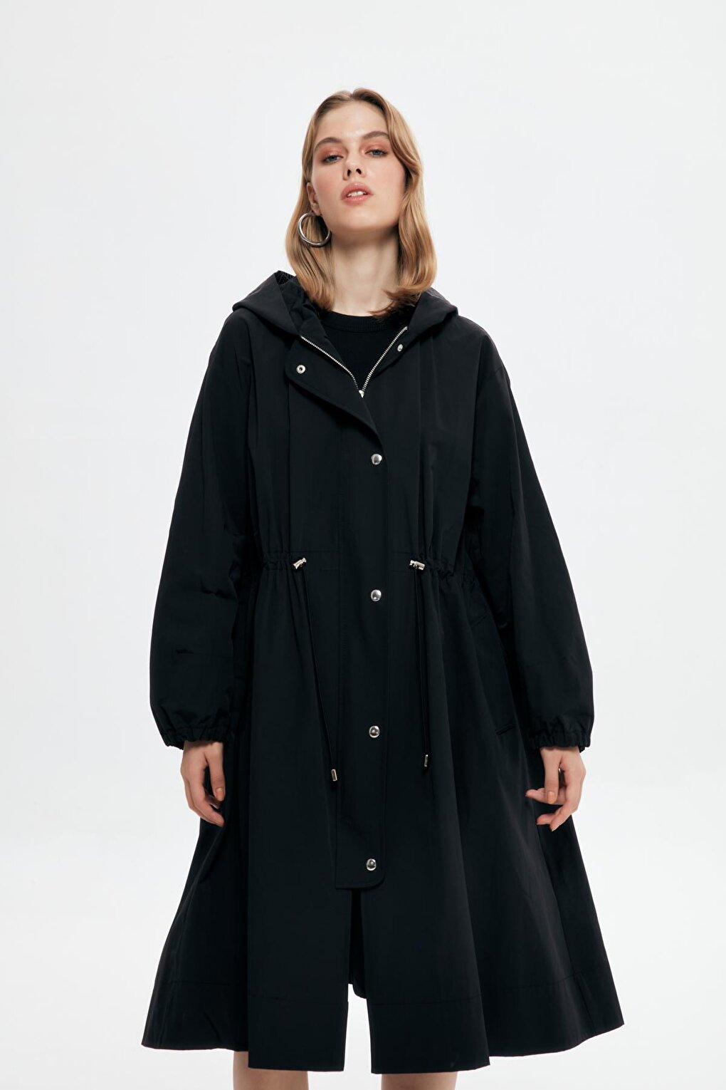 Technical Fabric Hooded Long Trench Coat Black