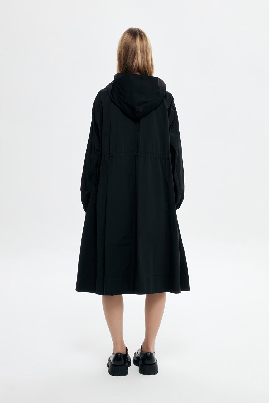 Technical Fabric Hooded Long Trench Coat Black