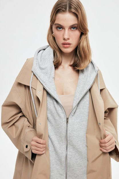 Hooded Detailed Long Trench Coat Beige