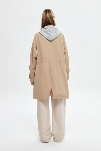 Hooded Detailed Long Trench Coat Beige