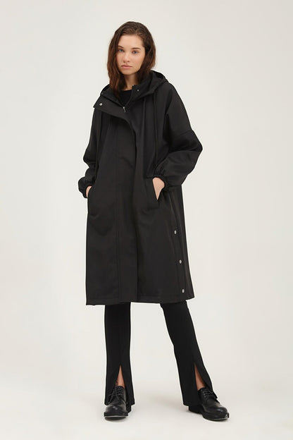 Oversize Hooded Trench Coat Black