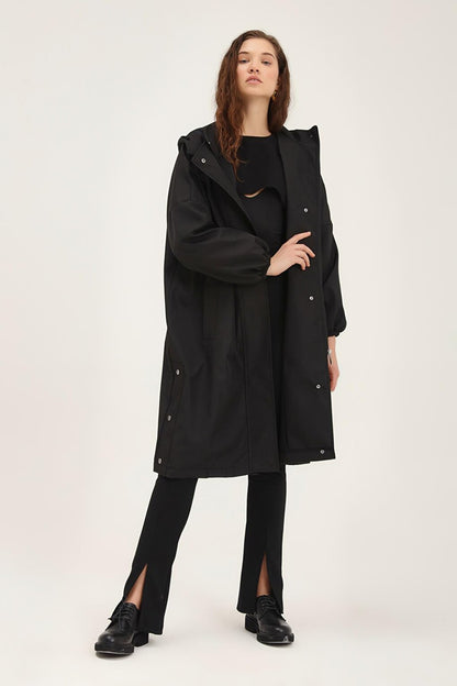 Oversize Hooded Trench Coat Black