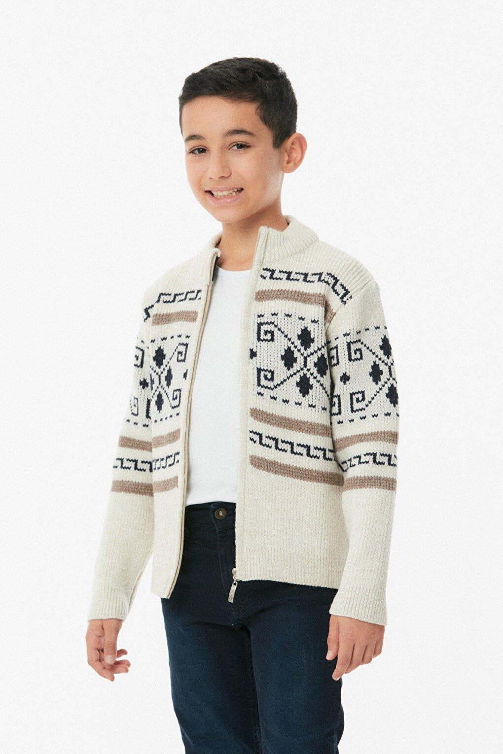 Patterned High Collar Boy's Cardigan