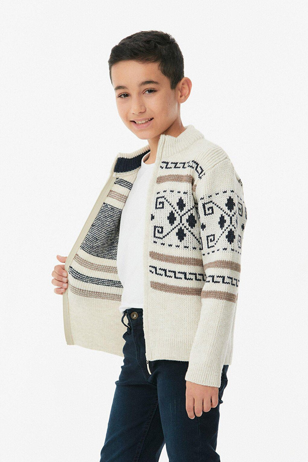 Patterned High Collar Boy's Cardigan